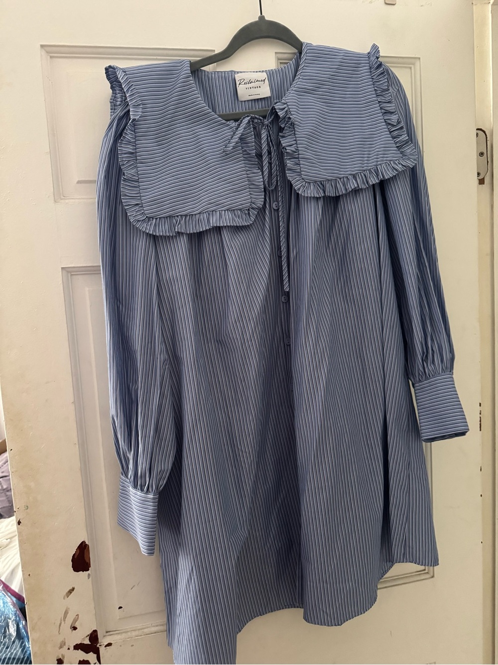 Reclaimed Vintage Blue Pinstripe Ruffle Collar Shirt Dress - Picture 1 of 3